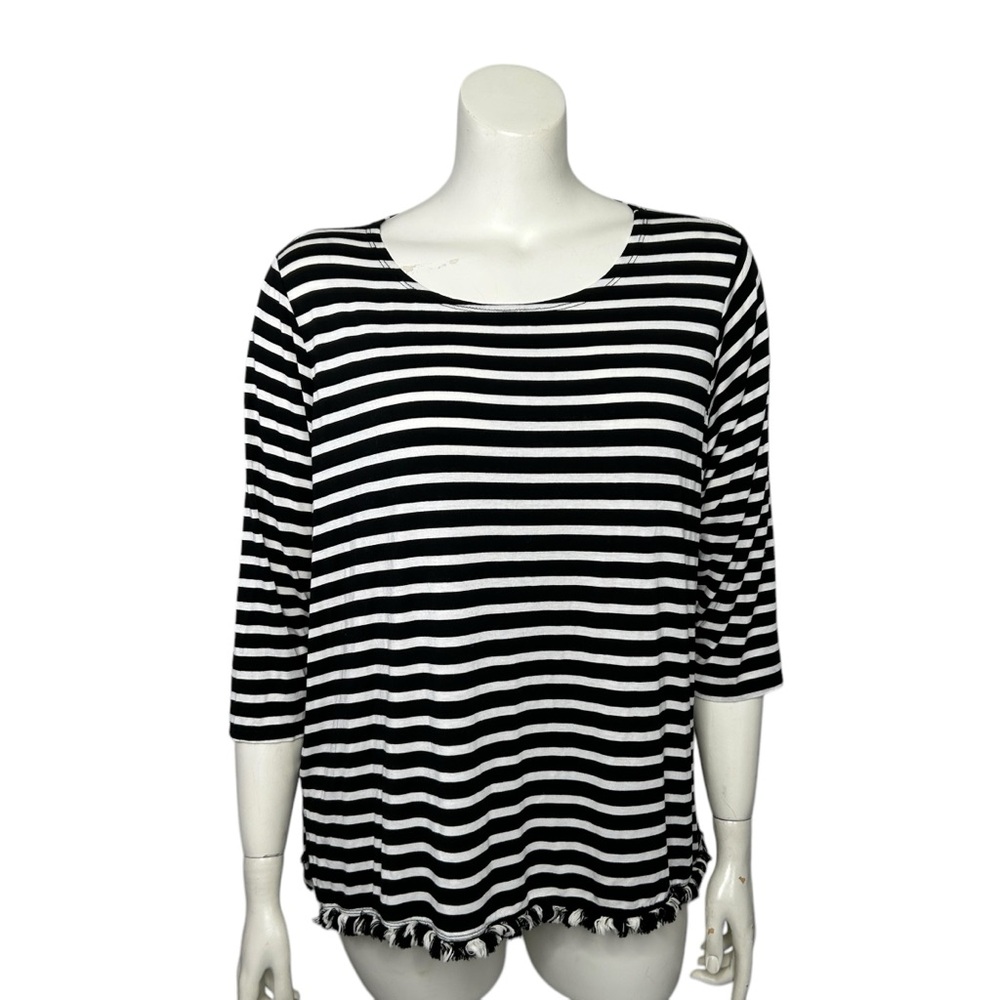 Black & White Striped Top Women's Size 2X Green Envelope Fringe Hem 3/4 Sleeve
